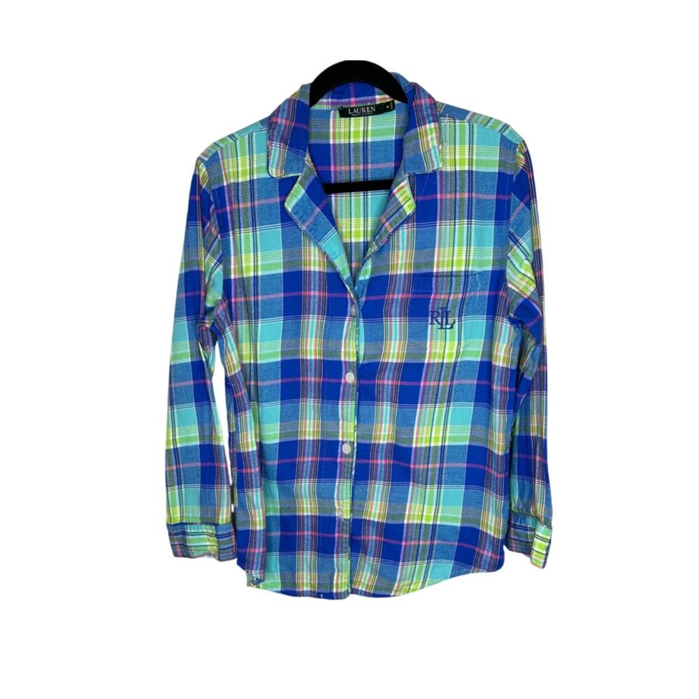 Lauren Ralph Lauren Pajama Shirt Womens M Blue Pink Plaid Cotton Sleep Button Up